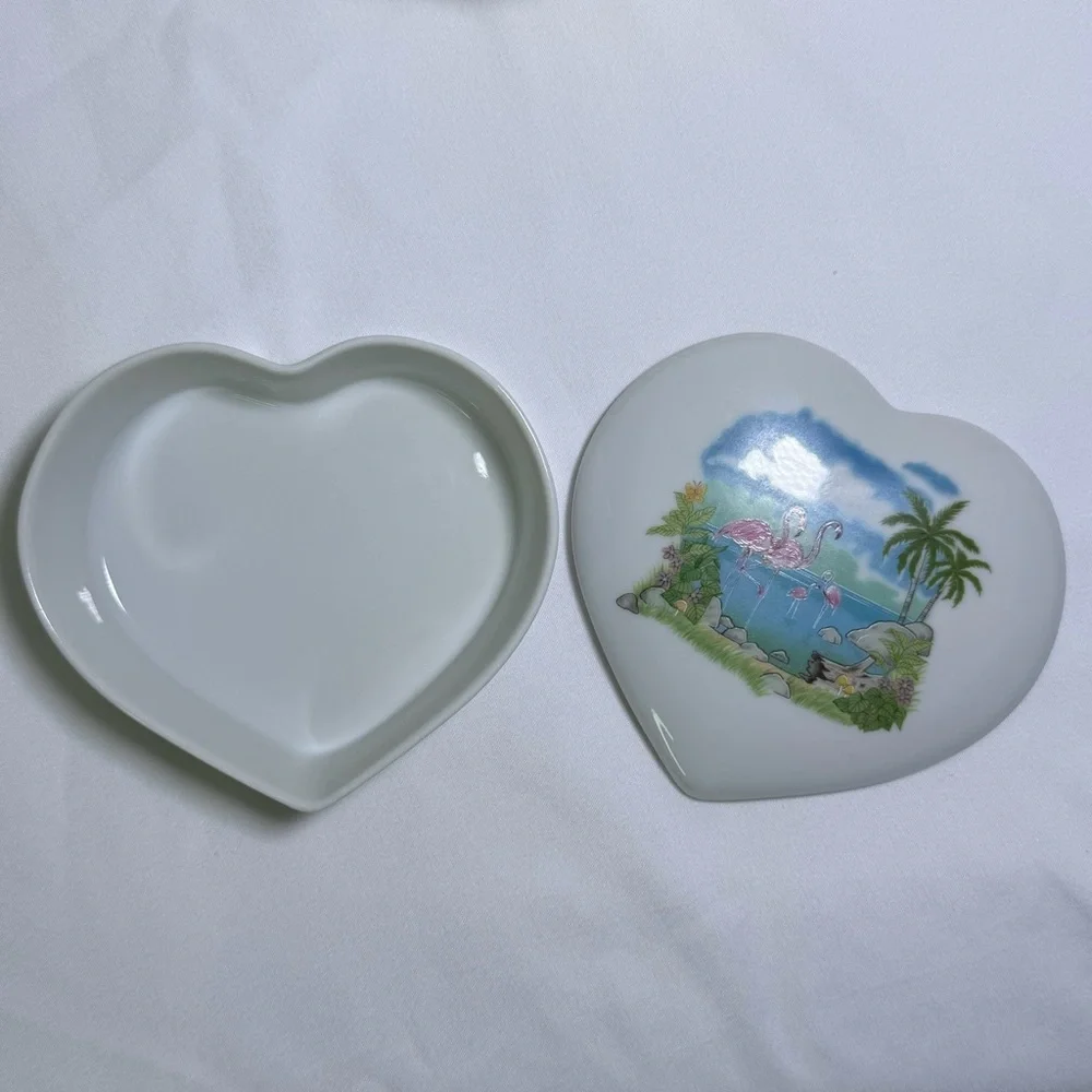 Vintage Papel Japan Flamingo Fantasy Ceramic Heart Jewelry Box Retro Home Decor
